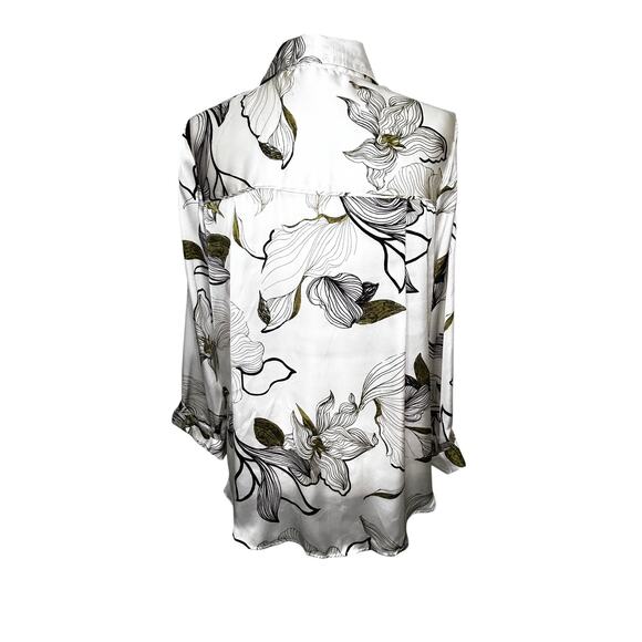 Zara Off White Floral Satin Long Sleeve Button Down Blouse - Picture 1 of 8